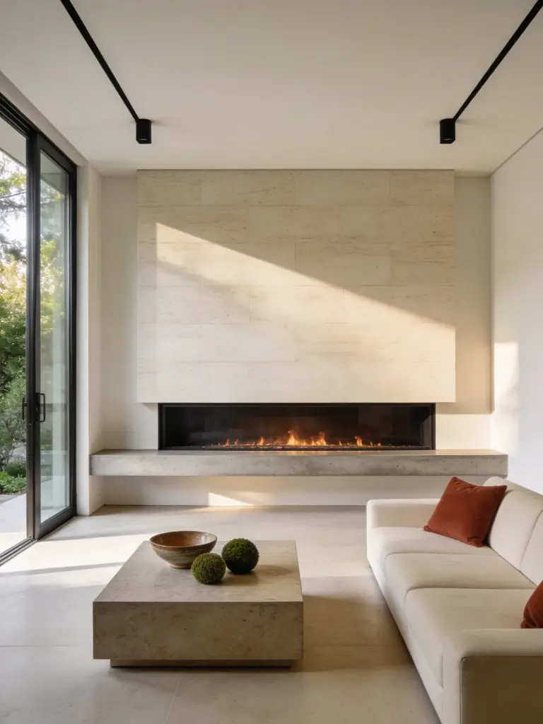 A bright modern minimalist living room with fireplace designed in warm minimalist and contemporary interior style.