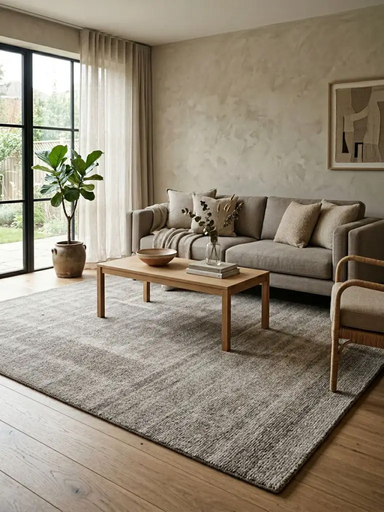 A modern minimalist living room anchored by a large greige low-pile rug that defines the seating layout.
