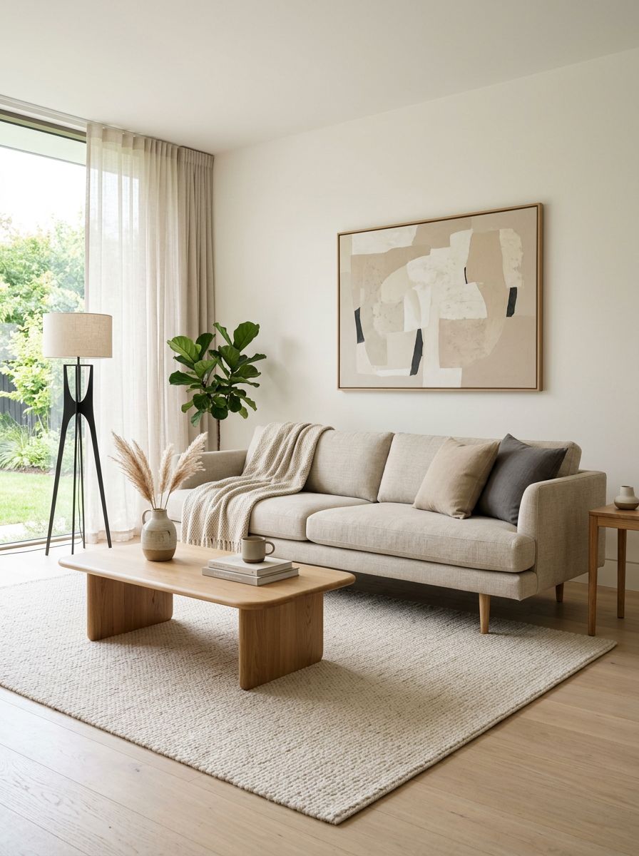 A minimalist mid-century modern living room centered around a low profile sofa with elegant tapered wooden legs.
