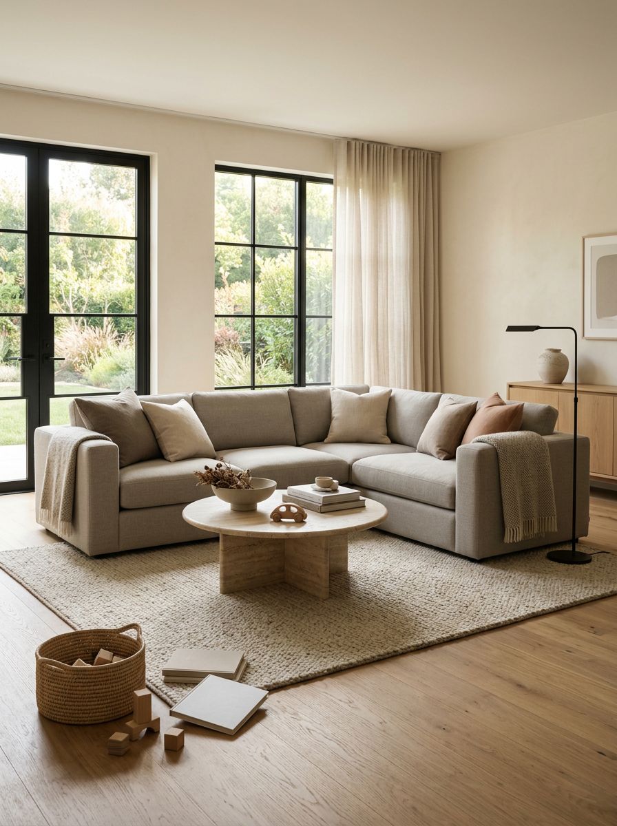 A minimalist living room arranged around a low-profile sectional sofa ideal for families with kids.