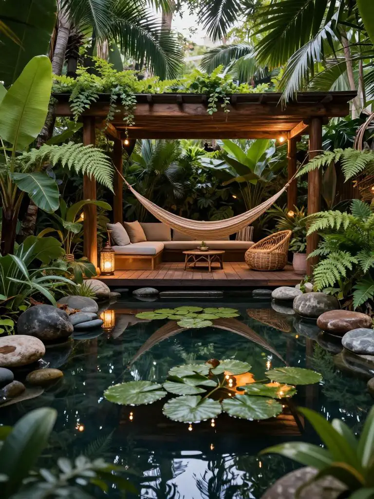 Design a lush jungle-inspired backyard retreat featuring a dark reflective pond in the foreground and layered tropical greenery under a wood.