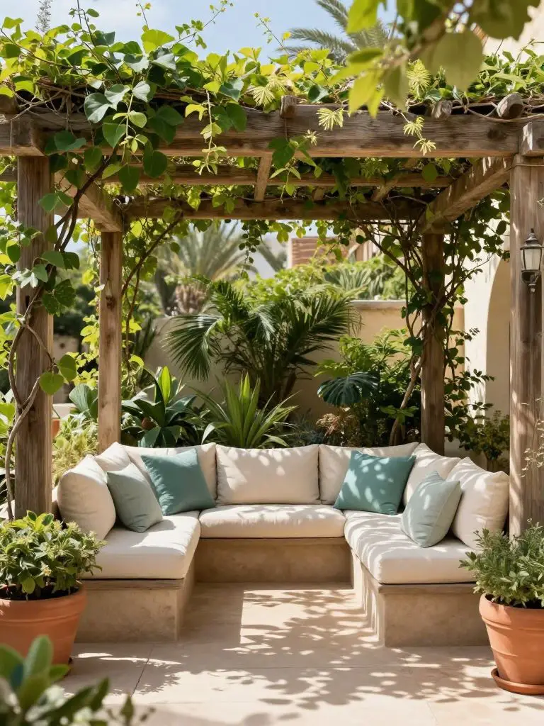 Design a lush pergola lounge covered in climbing vines and greenery.
