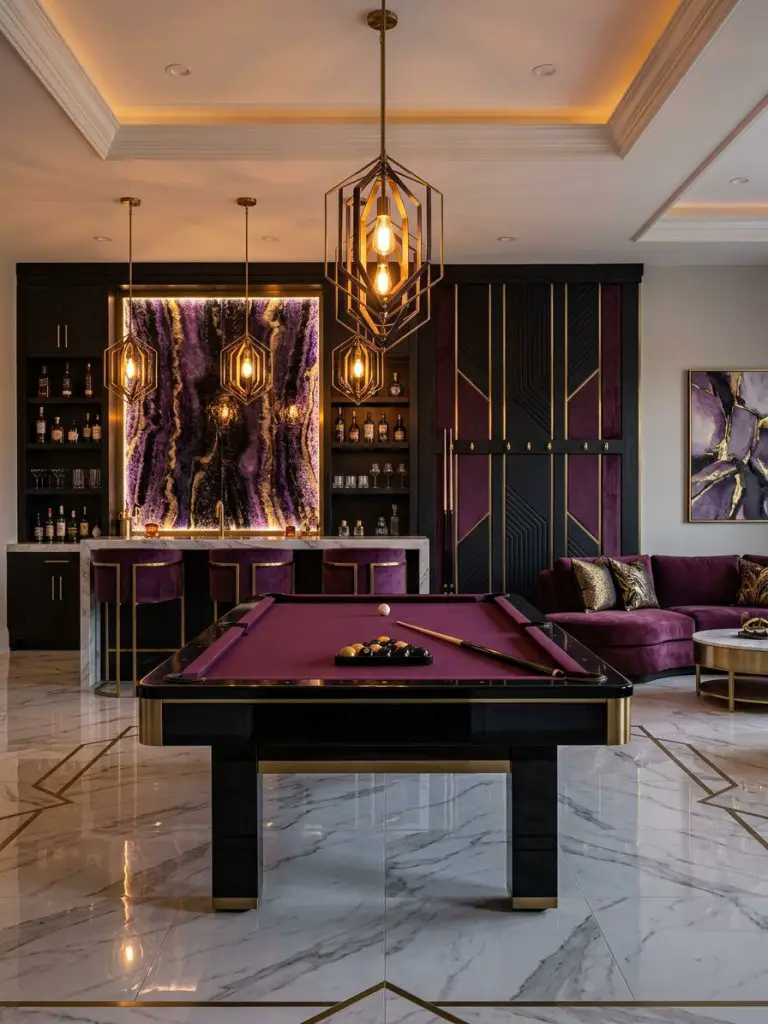 A luxurious bonus room entertainment space combining modern glam and lounge aesthetics, featuring a velvet pool table, marble flooring, and.