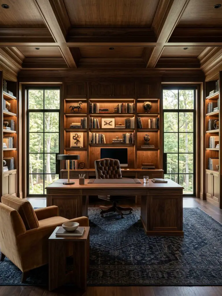 A dramatic luxury executive office cabin designed with rich dark wood paneling, coffered timber ceilings, and built-in illuminated library s.