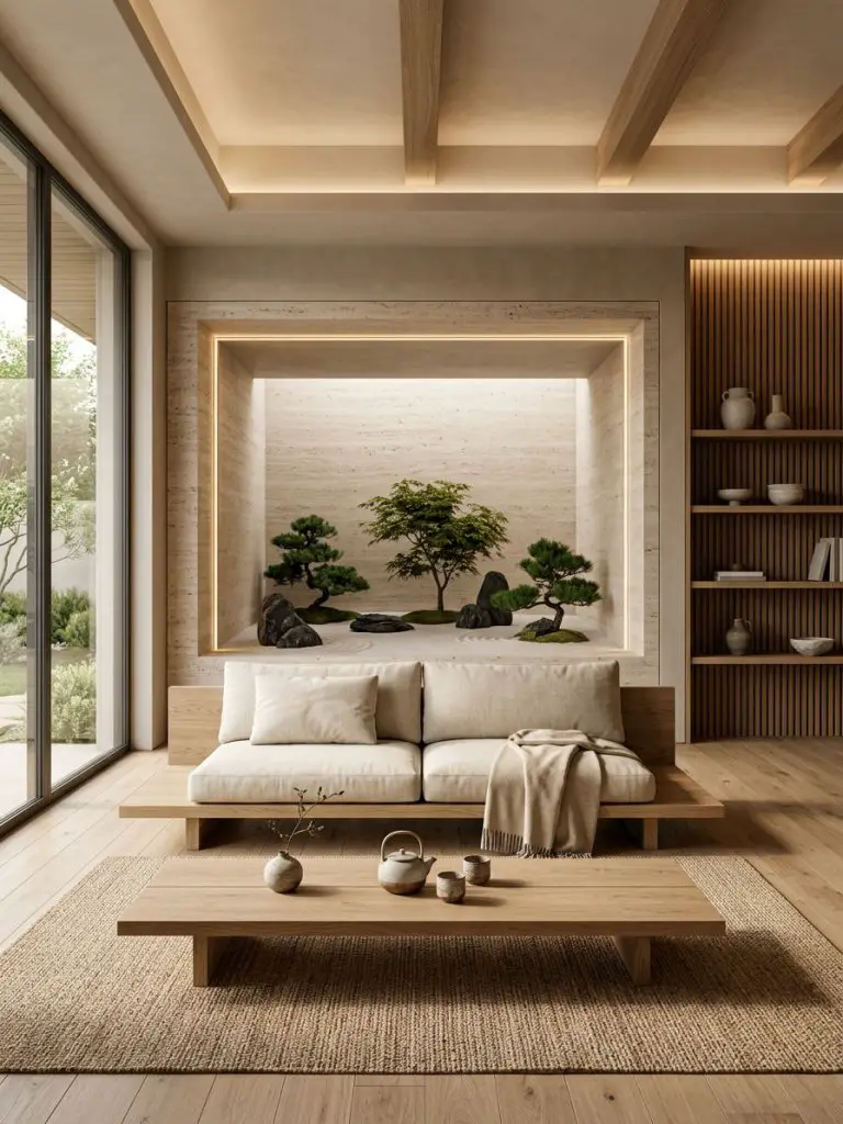 A luxurious Japandi minimalist living room designed around a tranquil indoor Zen garden feature.