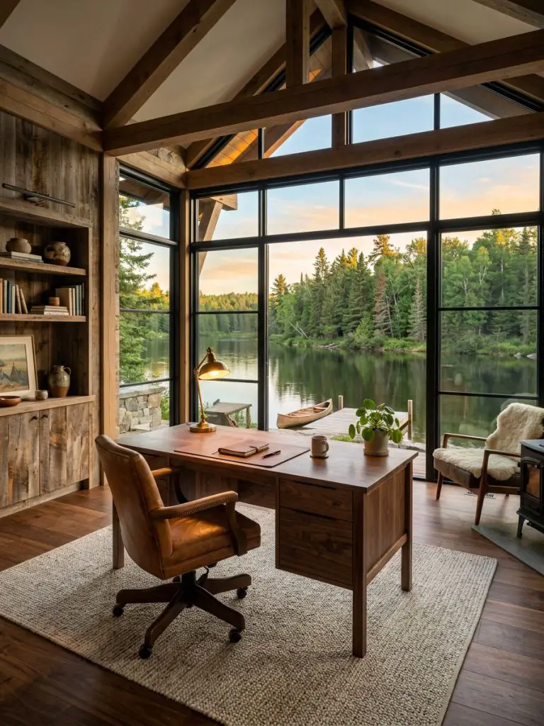 A luxurious lakefront office cabin interior designed in a refined Modern Rustic style with expansive floor-to-ceiling glass windows overlook.