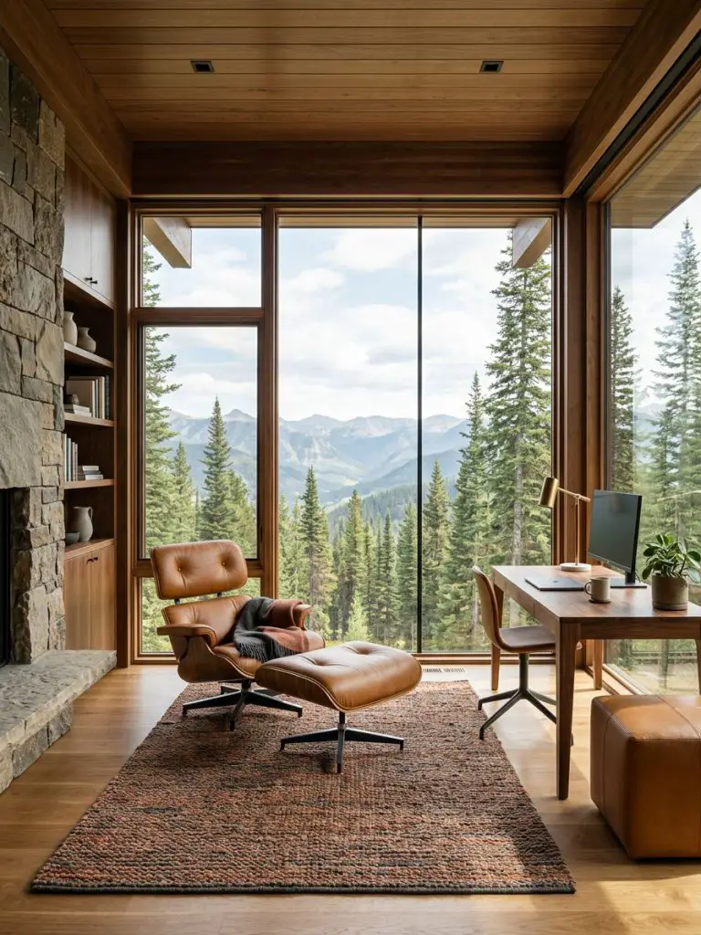 A luxurious modern office cabin interior positioned in front of a massive floor-to-ceiling panoramic window overlooking layered mountain lan.