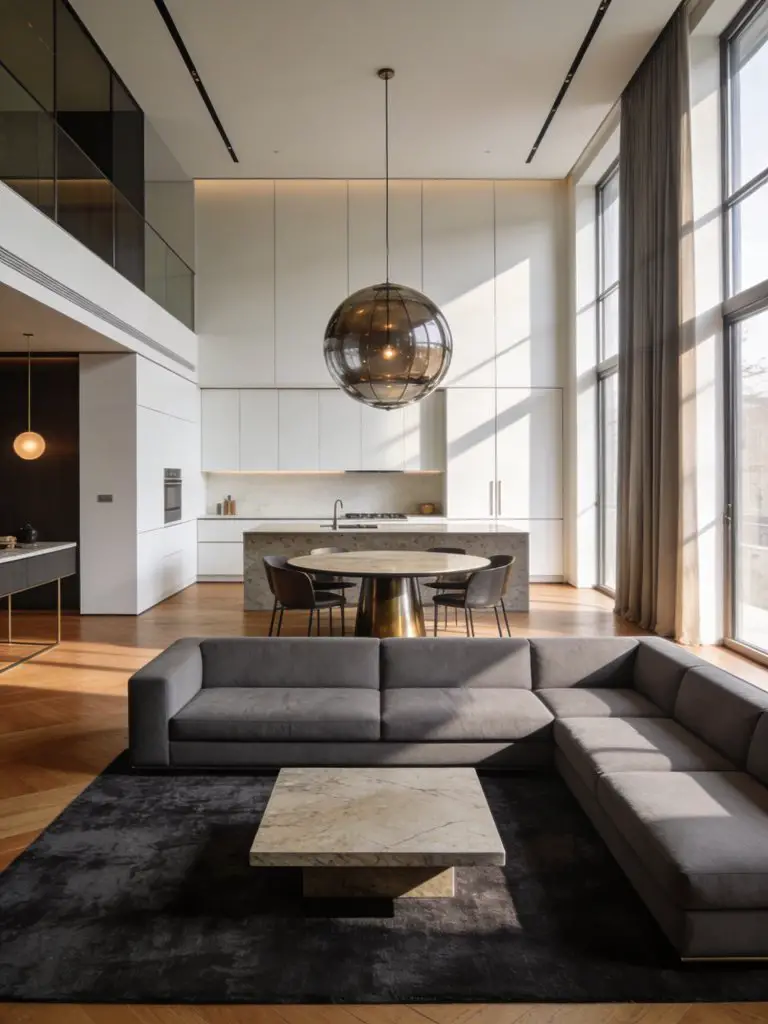 A spacious luxury minimalist apartment living room designed in contemporary warm minimalist style with open-plan living and dining areas.