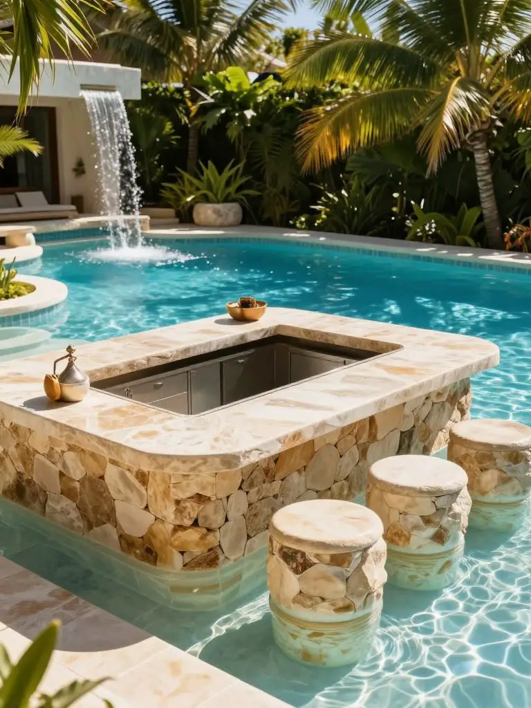 A luxury inground backyard swimming pool featuring a built-in pool bar and submerged seating, designed in upscale resort style.