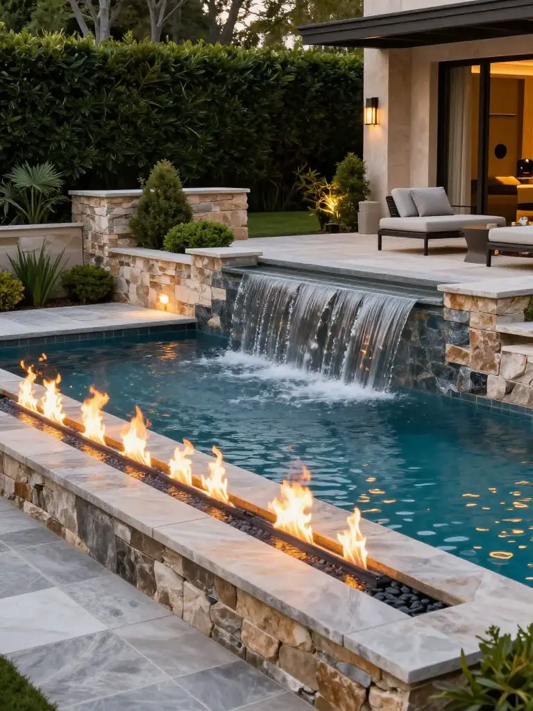 Create a luxury backyard pool with integrated stone waterfall and linear fire feature along the edge.