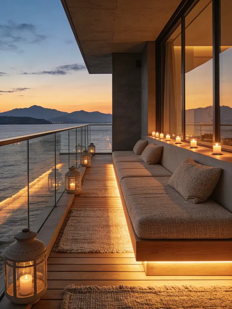 A luxurious small balcony design for apartments styled as a sunset lounge overlooking water and distant mountains.