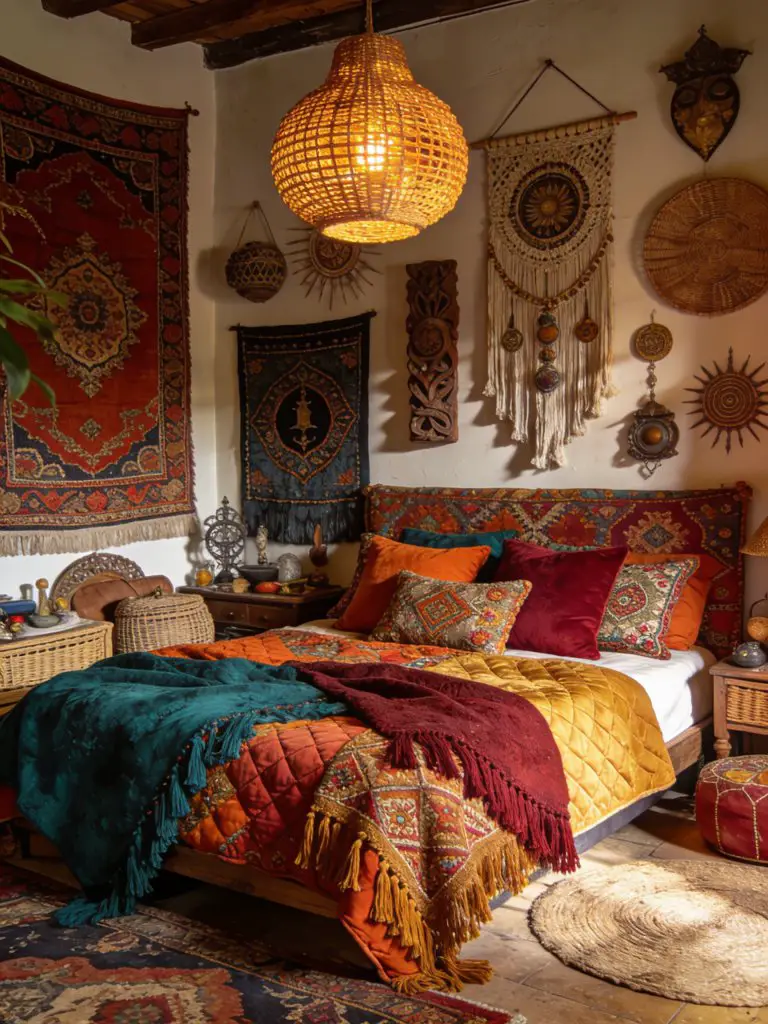 A vibrant boho witchy bedroom styled in maximalist bohemian design, featuring richly layered textiles in jewel tones like deep teal, burnt o.