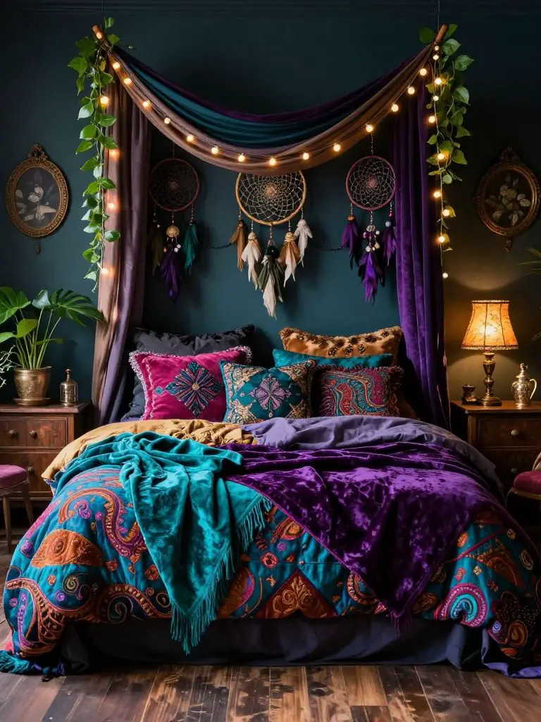 A maximalist witch bedroom bursting with color, texture, and layered decor in a vibrant bohemian witchcore style.