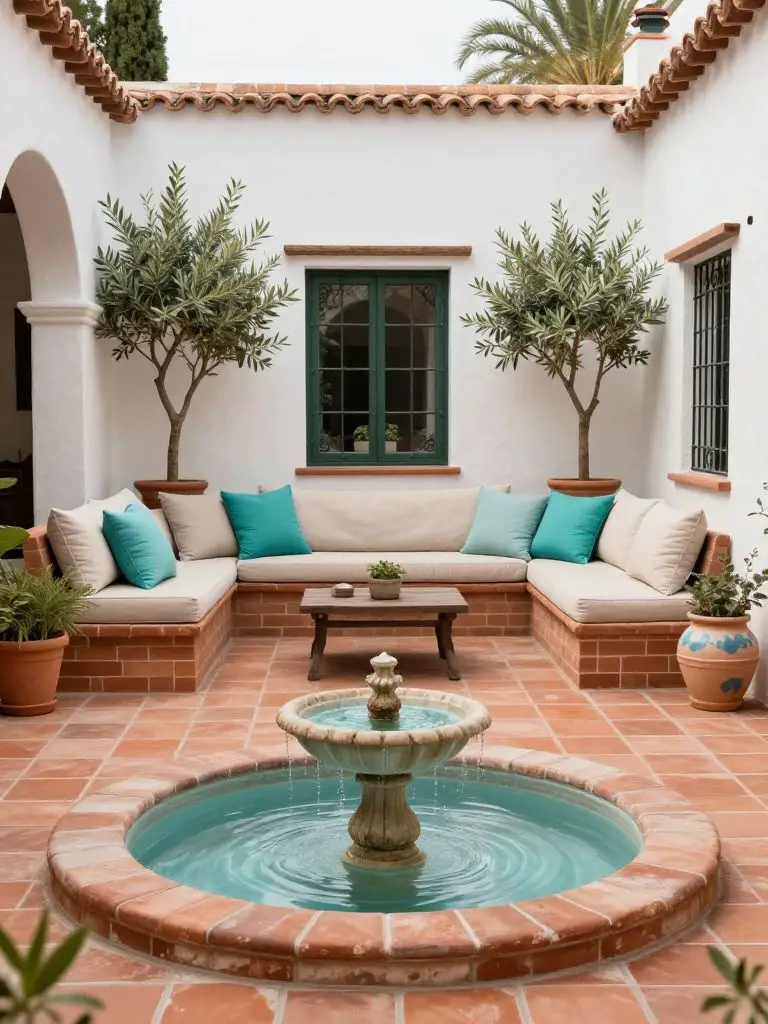Create a Mediterranean-inspired backyard courtyard featuring terracotta floor tiles and a small fountain pool in the foreground.
