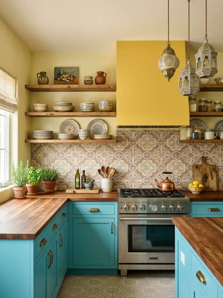 A Mediterranean-inspired kitchen with turquoise shaker cabinets paired with a patterned tile backsplash in warm terracotta, soft blue, and s.