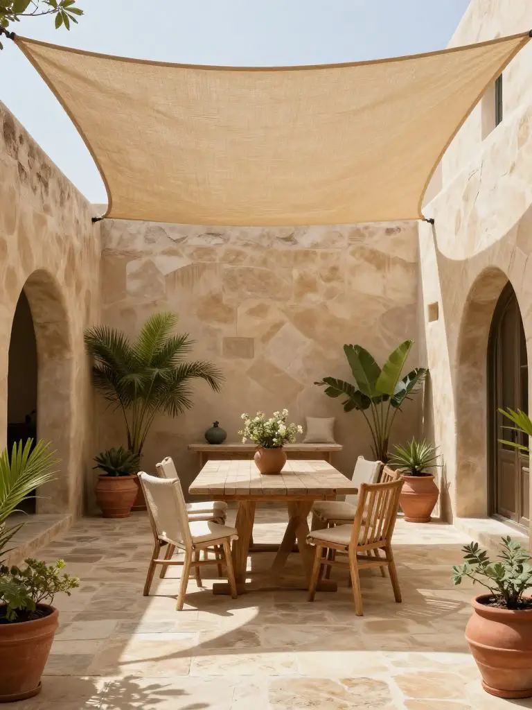 A Mediterranean-inspired patio in warm rustic style featuring a large shade sail stretched overhead as the focal element.