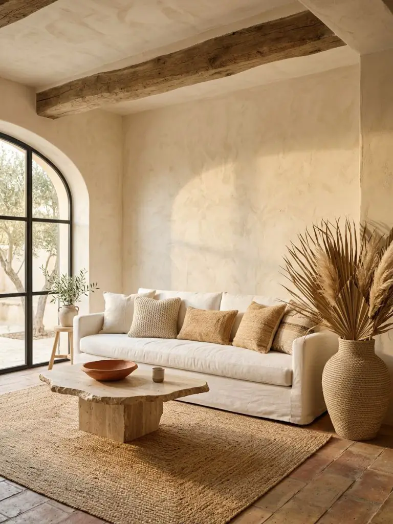 A Mediterranean-inspired warm minimalist living room featuring textured plaster walls in soft creamy sand tones.
