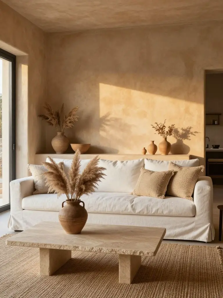 A Mediterranean-inspired warm minimalist living room featuring limewash plaster walls in warm sandy beige tones.