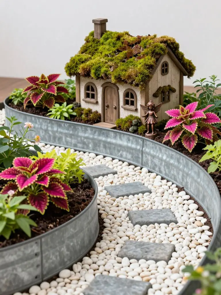 Create a galvanized metal trough fairy garden with a cobblestone path leading to a moss-roof cottage.