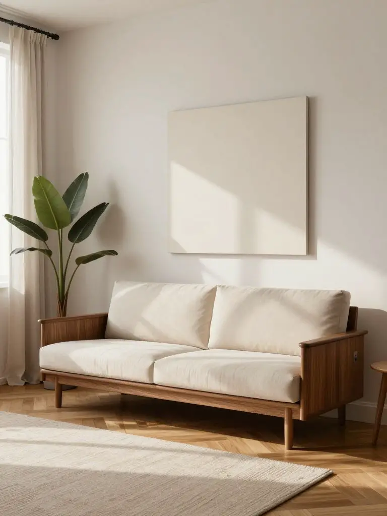 A minimalist living room with mid-century inspiration centered around a warm wood framed sofa with cream upholstered cushions.
