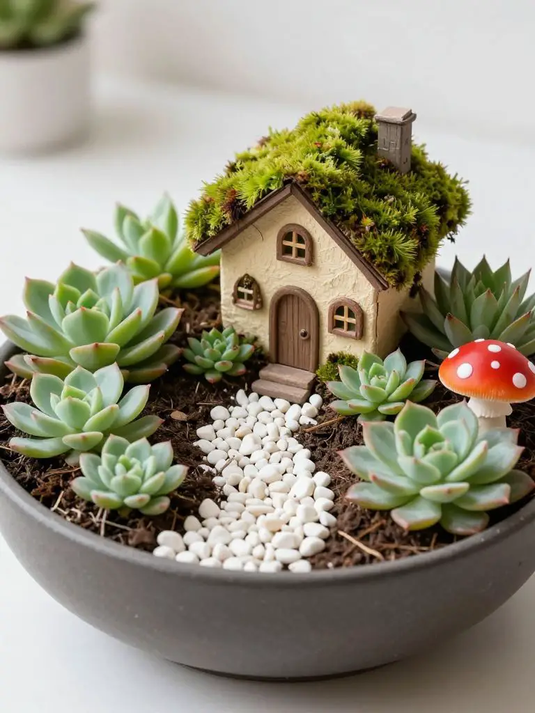 Create a shallow bowl fairy garden featuring a miniature moss-roof cottage nestled among assorted succulents.