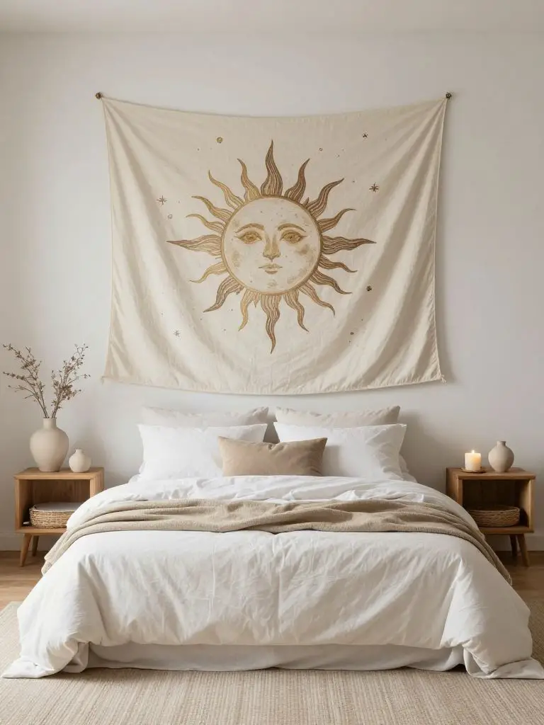 A minimal boho witch bedroom designed with soft neutral tones and a subtle celestial influence.