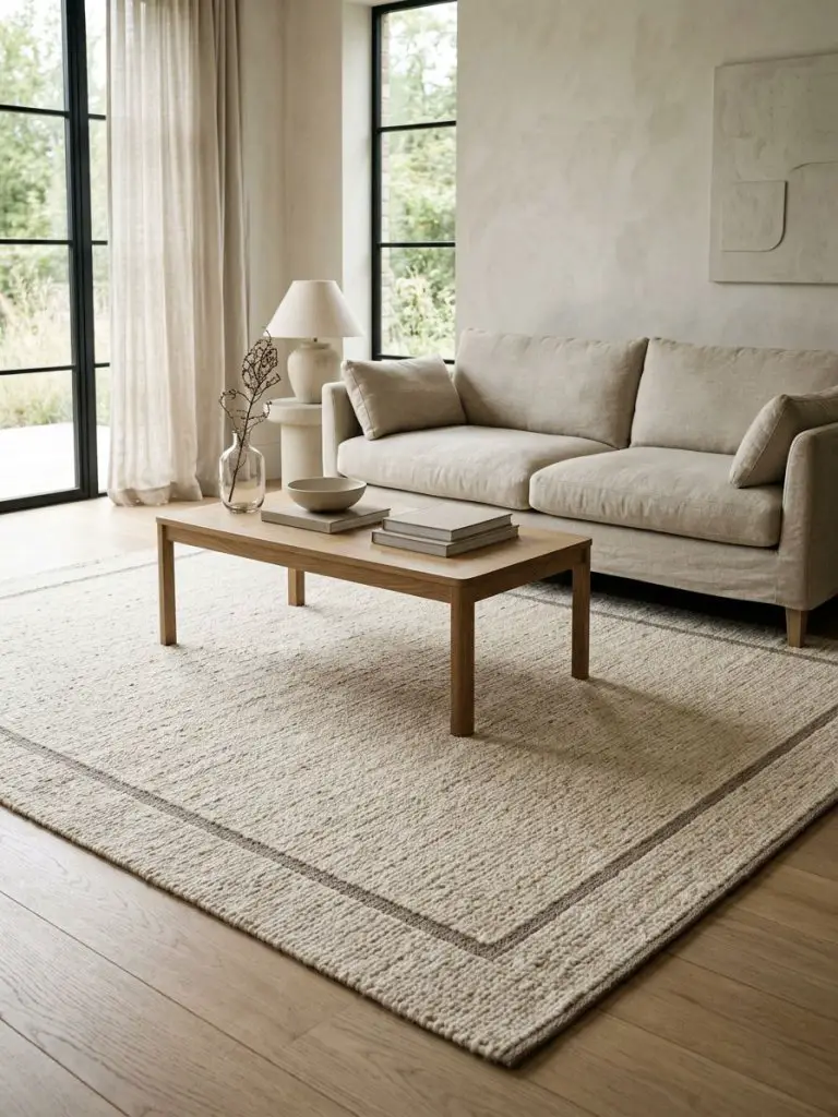 A minimalist living room featuring a large neutral rug with a refined border design that subtly frames the seating area.