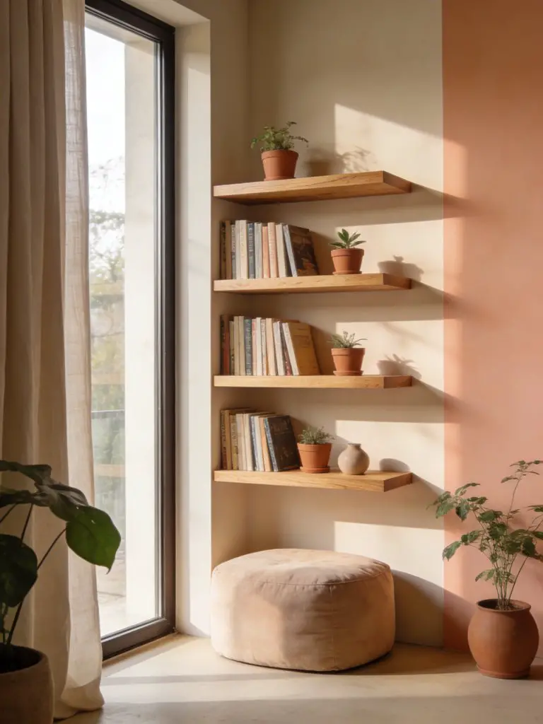 A bright corner bookshelf setup in a Warm Minimalist style, featuring slim wooden floating shelves installed beside a tall window.