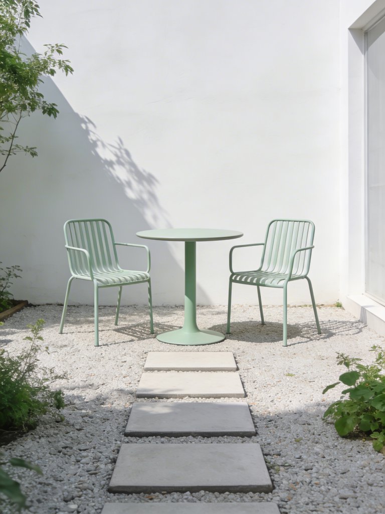 A minimal gravel patio in Scandinavian-inspired style featuring a small round bistro table and two lightweight chairs as the focal point.