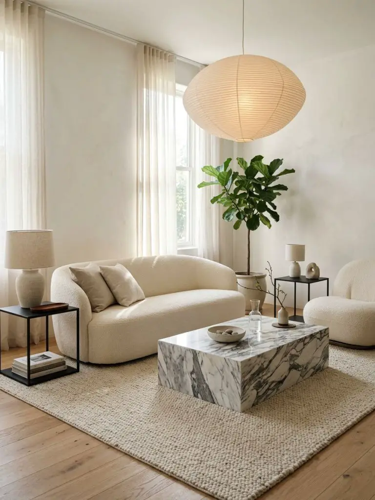 A soft neutral Japandi minimalist living room focused on sculptural furniture and stone textures.