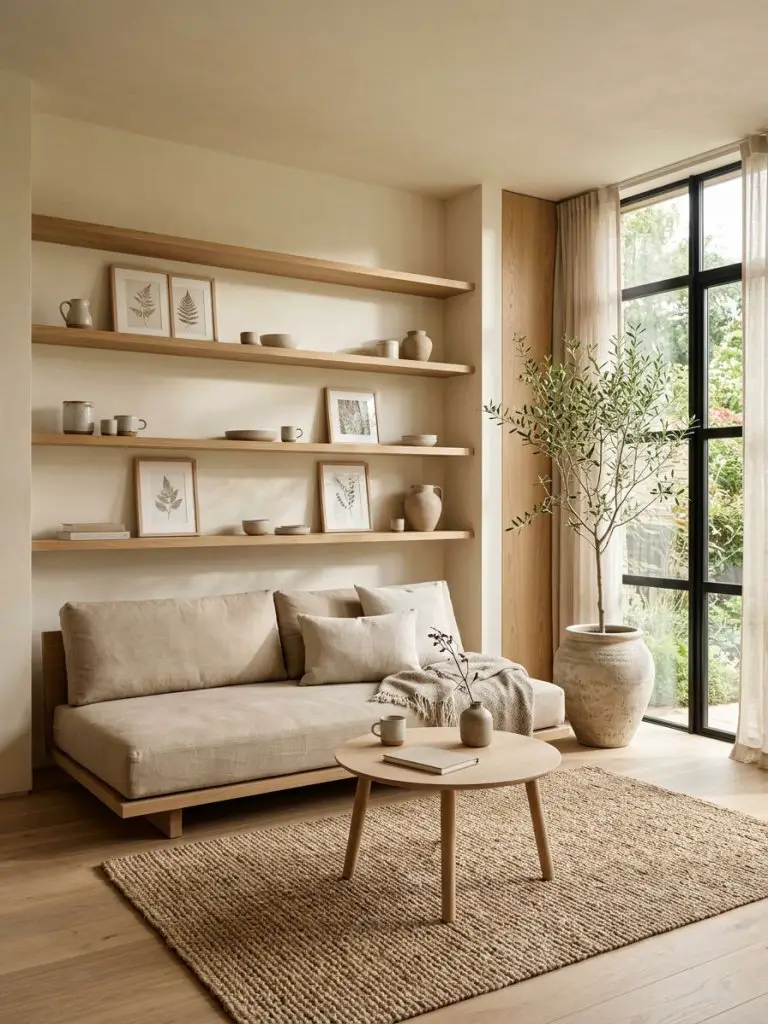 A warm Japandi minimalist living room designed with floating wood shelves and clean architectural lines.