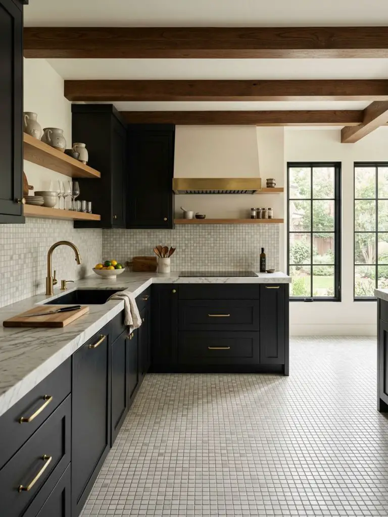 A refined kitchen with minimal mosaic tile flooring in a warm minimalist and modern rustic blend.