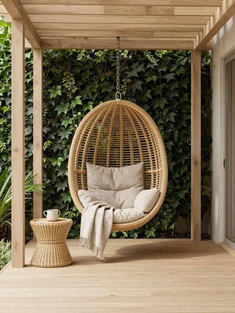 Design a minimalist pergola corner with a single suspended rattan egg chair and small woven side table.