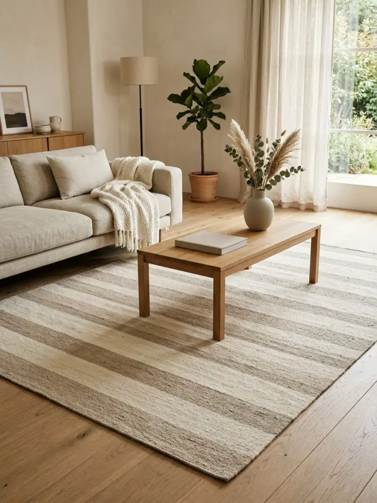 A calm minimalist living room showcasing a soft striped rug that becomes the subtle focal point of the space.
