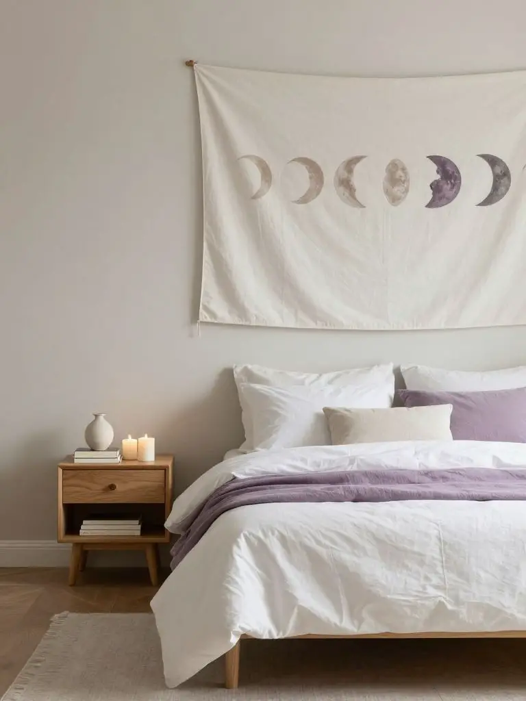 A minimal witch bedroom styled with soft neutral tones and subtle lunar decor.