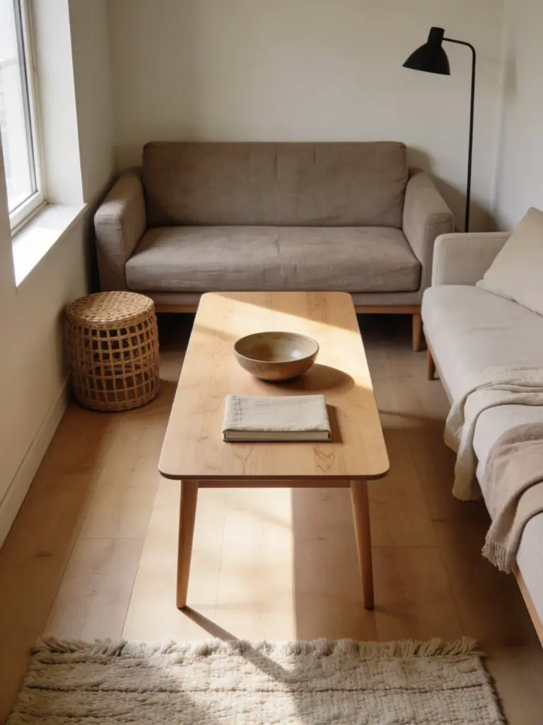 A stylish small minimalist apartment living room centered around a slim wooden coffee table that keeps the layout light and functional.