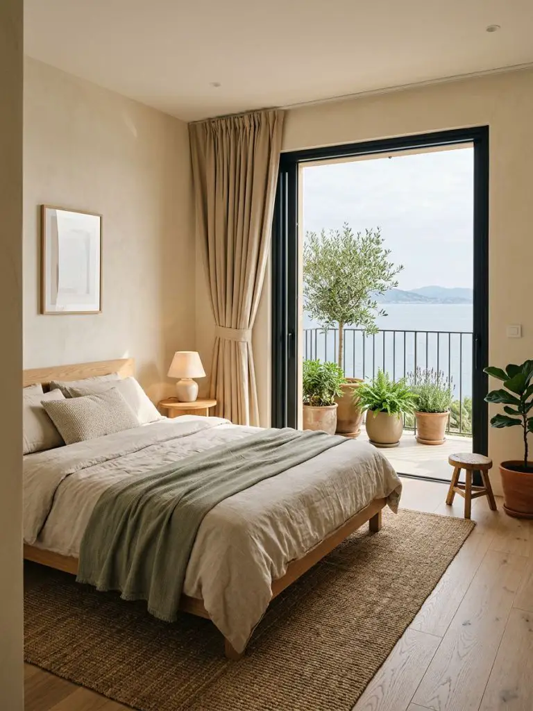 A serene small bedroom with balcony designed in warm minimalist and Japandi-inspired style.