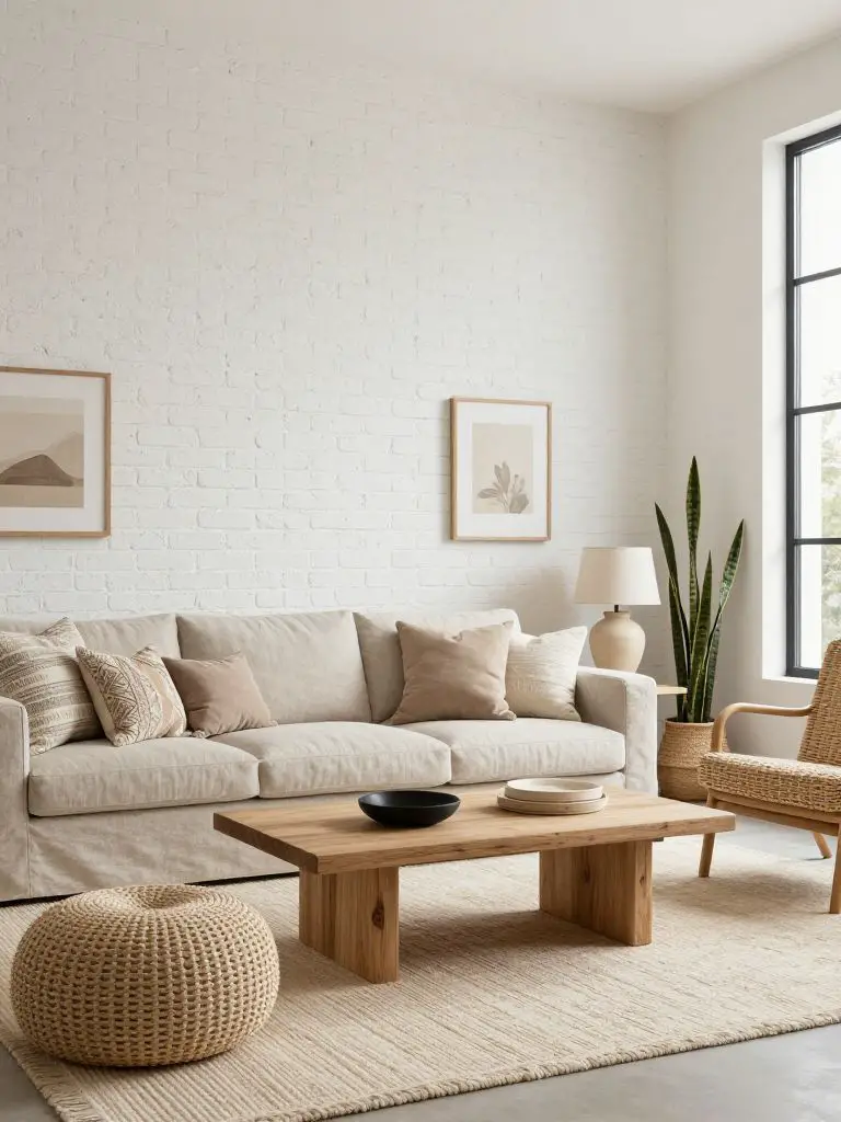 A minimalist boho living room featuring a white painted brick accent wall that adds texture without overwhelming the space.