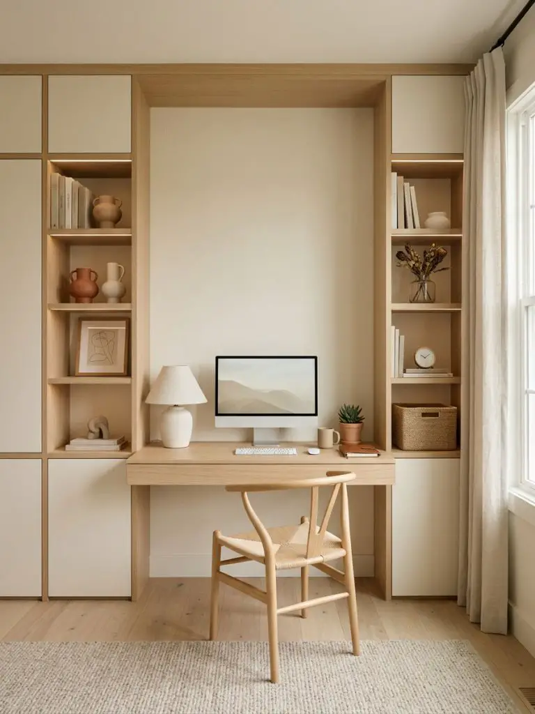 A minimalist built-in bonus room office featuring soft neutral tones, integrated shelving, and a sleek desk.