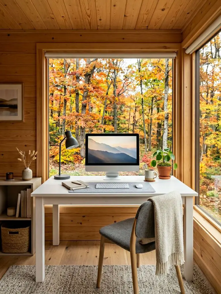 A compact modern office cabin workspace designed in a Warm Minimalist Scandinavian style, featuring natural pine wood wall paneling and a la.