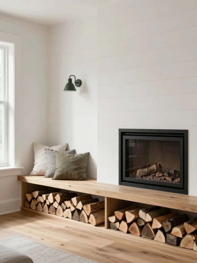 A minimalist fireplace nook designed with Scandinavian simplicity and warm natural materials.