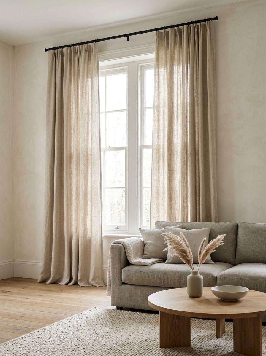 A minimalist living room highlighting linen curtains paired with matte black curtain rods for subtle contrast.