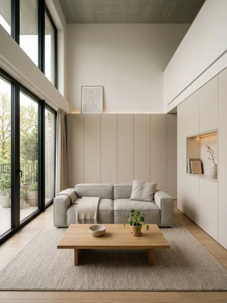 A modern minimalist living room with hidden built-in storage cabinets in matte beige, a simple modular sofa, and a low wooden coffee table.