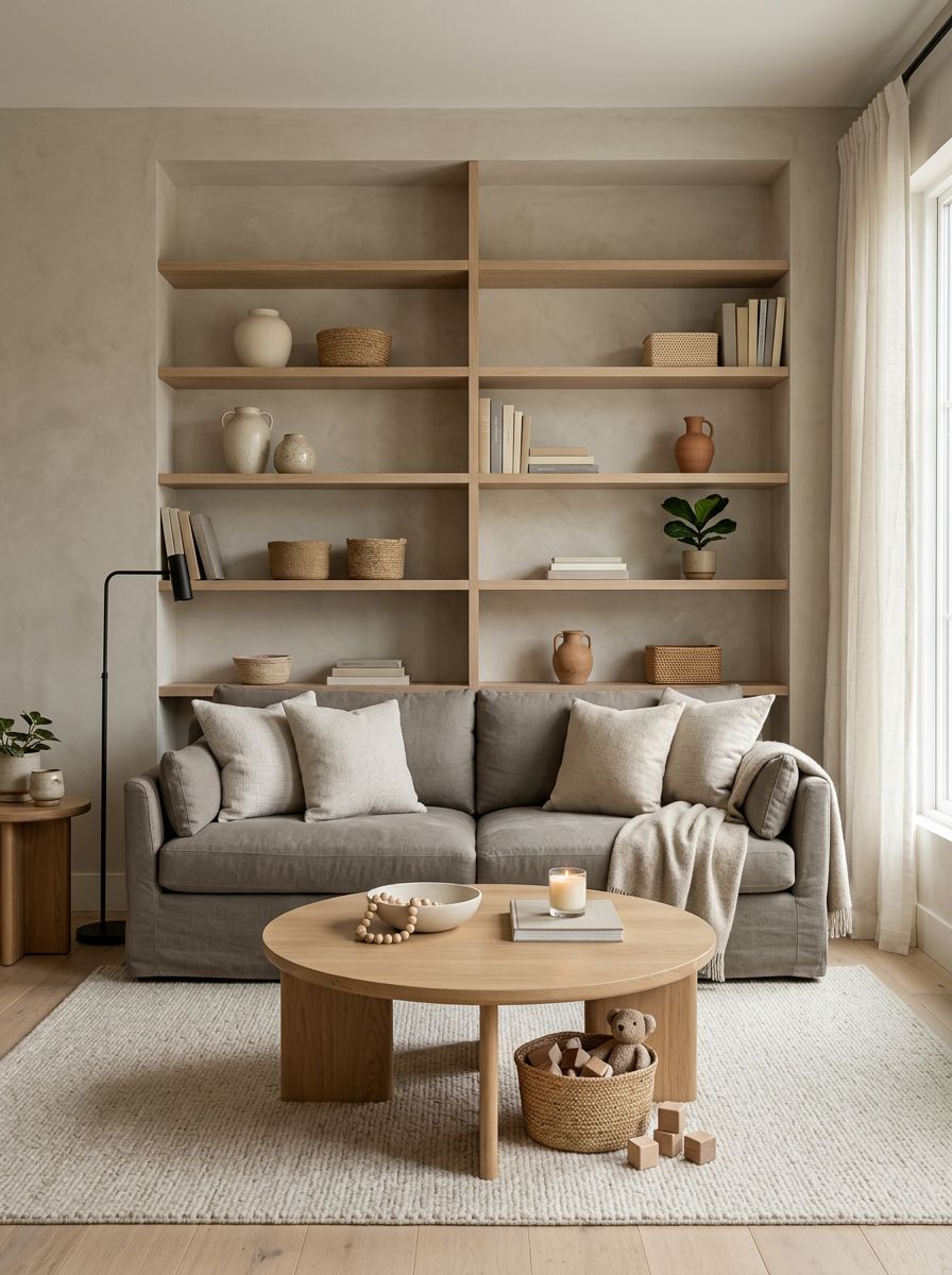 A minimalist living room with built-in shelving that keeps a family space organized while maintaining a clean aesthetic.