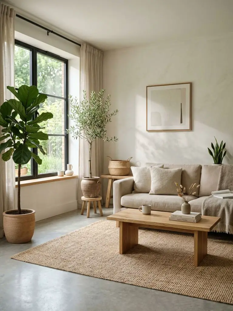 A minimalist living room designed for simple living featuring neutral tones, a soft beige sofa, a natural wood coffee table, and several car.