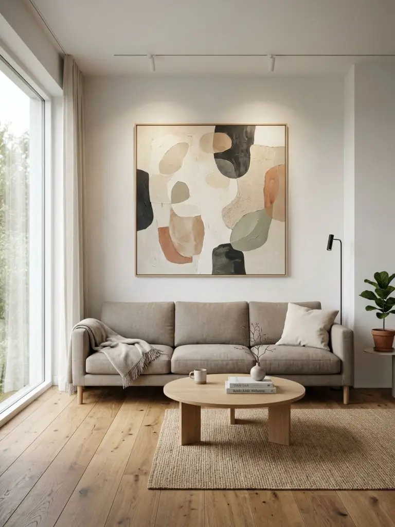 A minimalist lifestyle living room featuring a simple neutral sofa, warm wooden floors, and a clean uncluttered layout centered around one l.