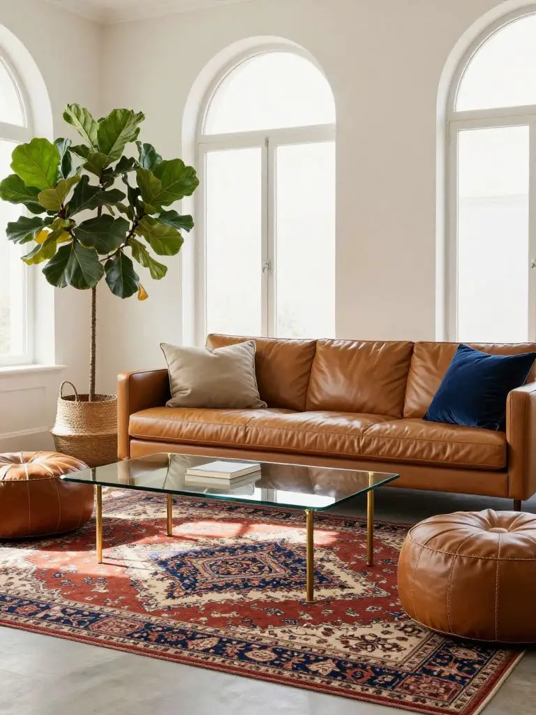 A vintage-inspired minimalist living room styled with warm textures and collected decor.