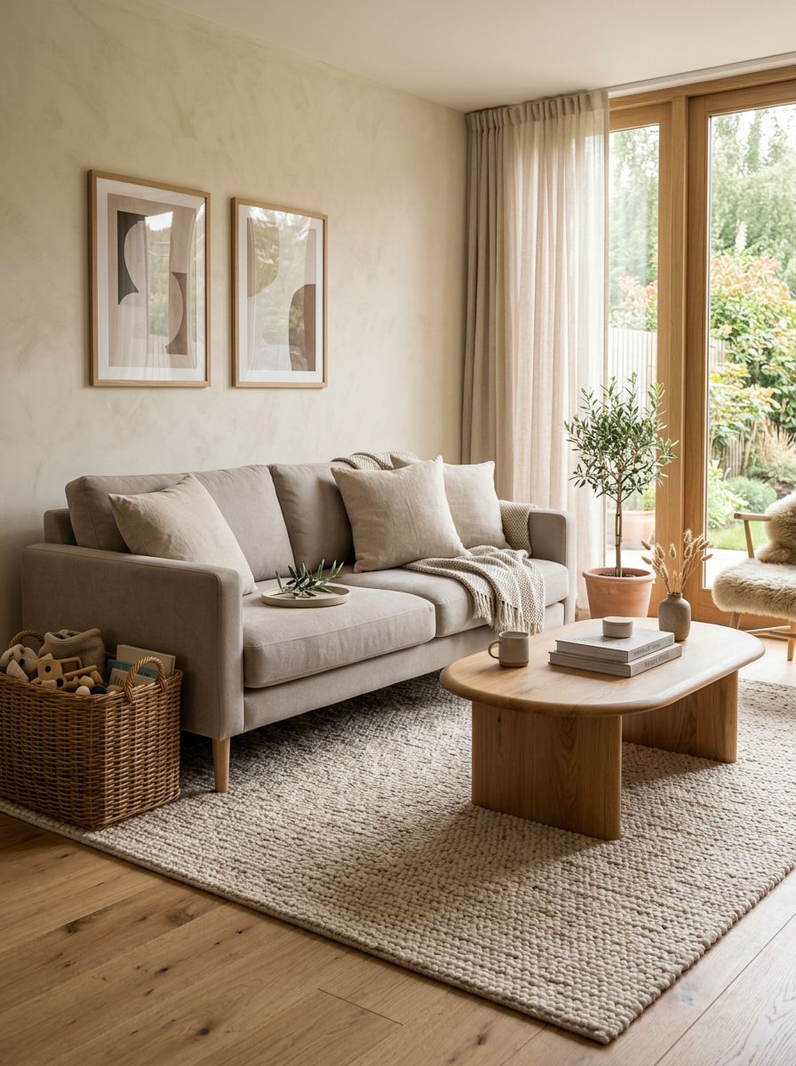 A durable minimalist living room designed for families using washable fabrics and resilient natural materials.