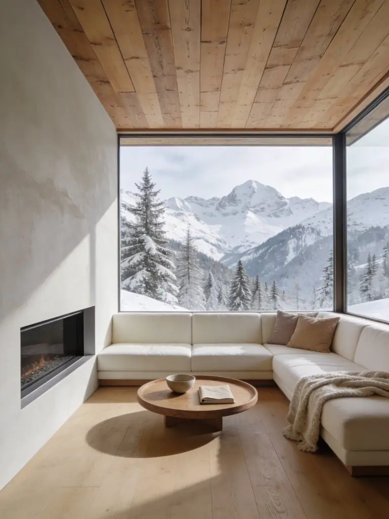 A minimalist luxury rustic cabin living room designed around expansive alpine views framed by floor-to-ceiling corner windows.