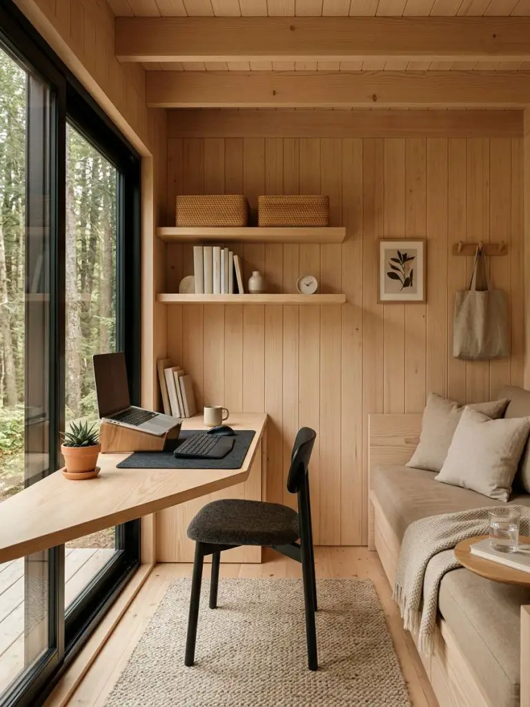 A compact minimalist micro cabin office interior designed for efficiency within a small footprint.